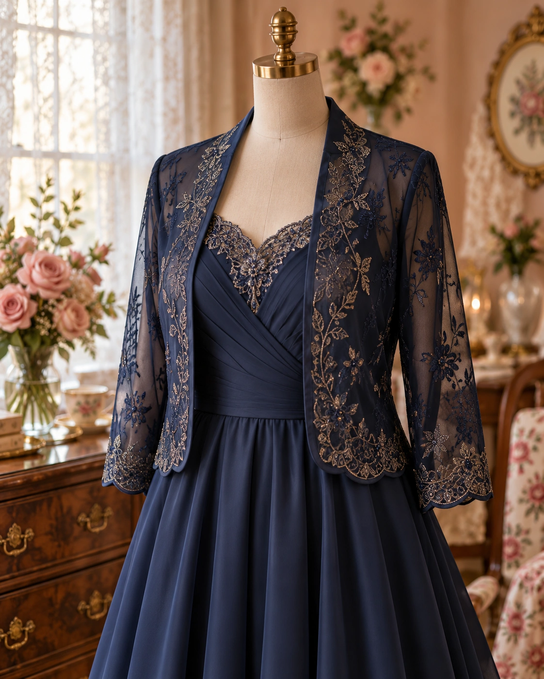 A navy formal gown and embroidered jacket on a dress form.