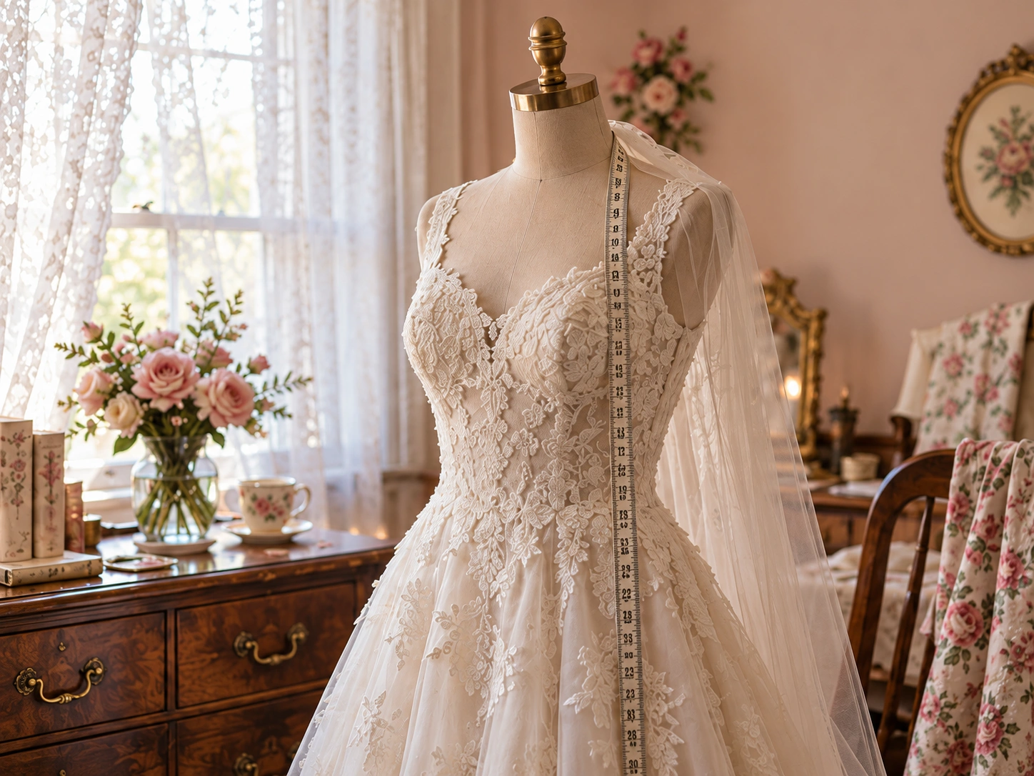 An ivory lace wedding gown on a dress form in a sunlit, rose-filled sewing parlor.