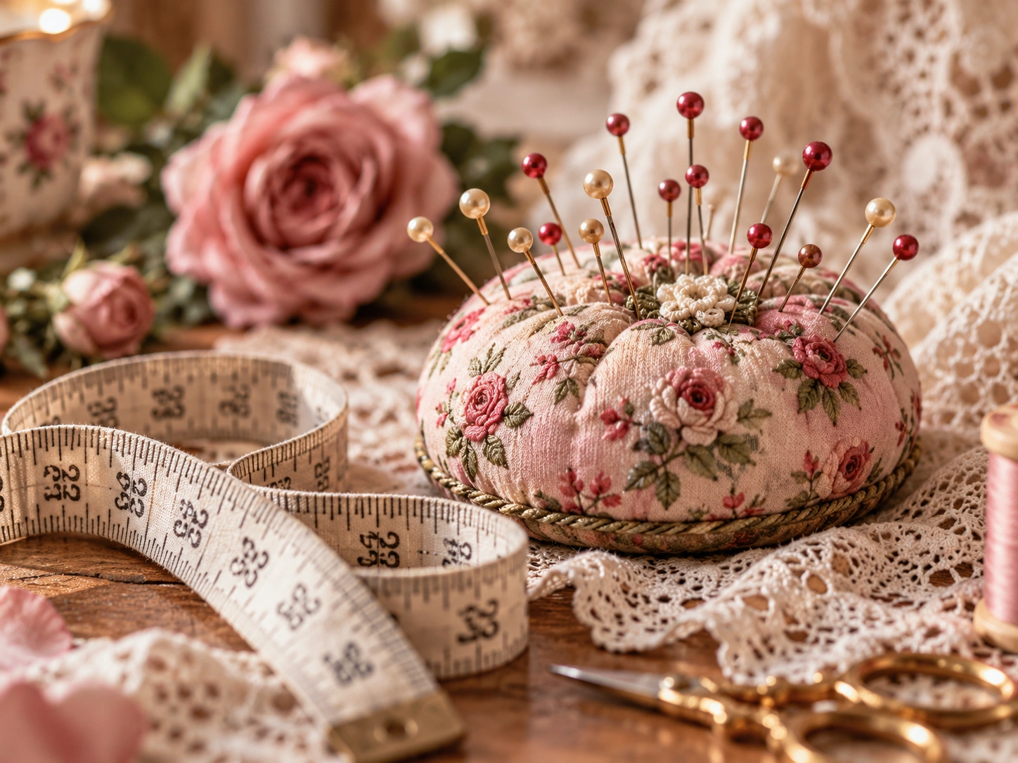 A floral pincushion, measuring tape and lace on a sewing table.