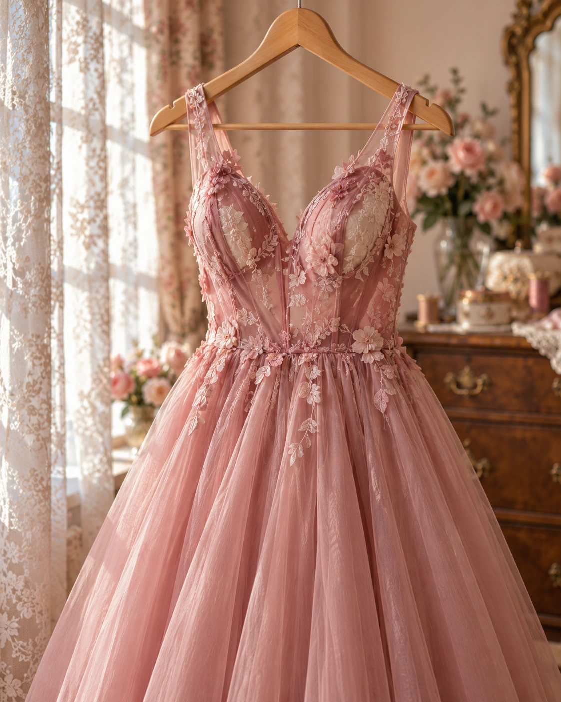 A dusty rose prom gown with a delicate embroidered bodice.