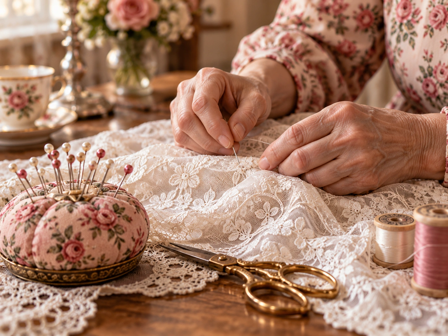Hands carefully sewing ivory lace, with a floral pincushion and gold scissors nearby.