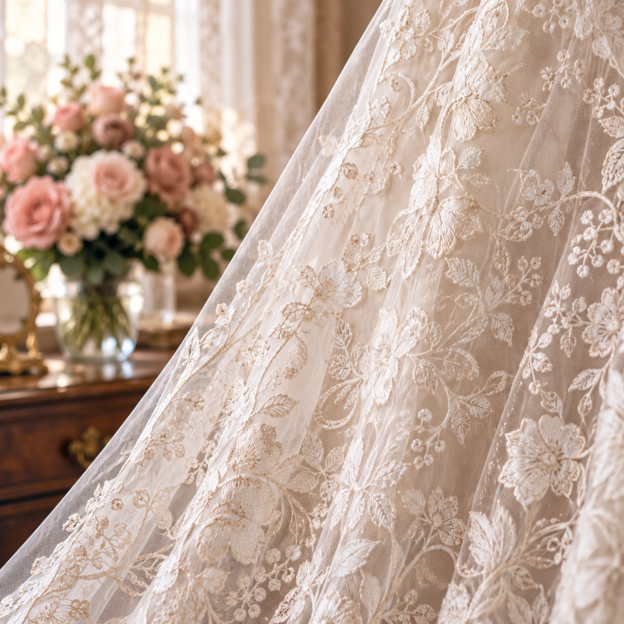 Delicate ivory floral lace beside a vase of pink roses.